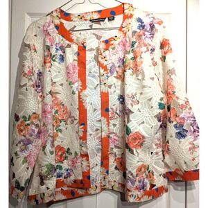 Michael Simon Jacket Womens XL White Orange Floral Lace Open Front Cardigan Boho